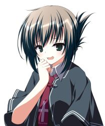 Rule 34 | 1girl, @ @, asagi nanami, black capelet, blush, brown hair, capelet, clenched hand, commentary request, crazy eyes, fang, folded ponytail, green eyes, hand up, highres, looking at viewer, medium hair, necktie, open mouth, red necktie, school uniform, simple background, skin fang, smile, solo, tachibana kimika, tsui no sora (remake), upper body, white background