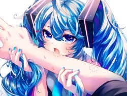 Rule 34 | 1girl, absurdres, bite mark, blouse, blue eyes, blue hair, blue nails, blue necktie, commentary, grey shirt, hair ornament, hatsune miku, heart, heart-shaped pupils, highres, holding another&#039;s arm, long hair, looking at viewer, nail polish, necktie, open mouth, shirayuki towa, shirt, solo, symbol-shaped pupils, twintails, upper body, very long hair, vocaloid, white background
