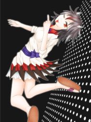 Rule 34 | 1girl, ;p, bow, bowtie, dress, flip-flops, foreshortening, grey horns, highres, horns, jumping, kijin seija, legs, looking at viewer, middle finger, multicolored hair, one eye closed, red eyes, sandals, sash, short hair, solo, streaked hair, tongue, tongue out, touhou, yuusen (aenka)