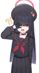 Rule 34 | !?, 1girl, absurdres, beret, black choker, black gloves, black hair, black hat, black sailor collar, black skirt, blue archive, blush, choker, eyes visible through hair, fang, gloves, h9 99999, hair over eyes, halo, hat, highres, justice task force member (blue archive), long hair, long sleeves, looking at viewer, neckerchief, open mouth, pleated skirt, red eyes, red halo, red neckerchief, sailor collar, simple background, skirt, solo, white background