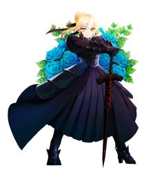 Rule 34 | 1girl, absurdres, armor, armored dress, artoria pendragon (all), artoria pendragon (fate), bad id, bad pixiv id, blonde hair, blue flower, blue rose, dress, excalibur morgan (fate), fate/stay night, fate (series), flower, full body, gauntlets, hair bun, hands on hilt, highres, mochaabx, planted, planted sword, planted weapon, rose, saber (fate), saber alter, single hair bun, solo, sword, transparent background, weapon, yellow eyes