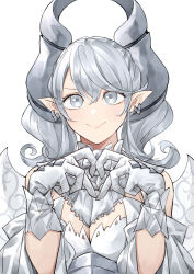 Rule 34 | 1girl, absurdres, breasts, cleavage, demon girl, demon horns, demon wings, detached collar, dress, duel monster, earrings, gloves, grey eyes, grey hair, heart, heart hands, highres, horns, jewelry, large breasts, lovely labrynth of the silver castle, medium hair, meshida (lux-far-accelerator), pink lips, pointy ears, simple background, smile, solo, strapless, strapless dress, transparent wings, upper body, white background, white dress, white gloves, wings, yu-gi-oh!