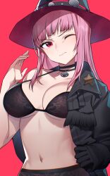 Rule 34 | 1girl, bingsardina, black bra, black gloves, black hat, black jacket, bra, breasts, choker, closed mouth, cowboy hat, cowboy western, gloves, hat, highres, hololive, hololive english, jacket, large breasts, long hair, mori calliope, mori calliope (sheriff), navel, one eye closed, open clothes, open jacket, pink background, pink eyes, pink hair, simple background, single glove, solo, star (symbol), stomach, sweatdrop, underwear, virtual youtuber