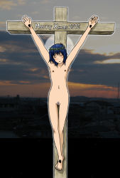 Rule 34 | 10s, 1girl, 2012, armpits, arms up, blue hair, blush, cloud, cloudy sky, cross, crucifixion, closed eyes, facing viewer, female pubic hair, flat chest, full body, guro, head wreath, highres, house, merry christmas, nailed, navel, nude, original, outdoors, outline, photo background, pubic hair, pussy, sachisuke masumura, short hair, skinny, sky, small areolae, small nipples, solo, thigh gap, twilight