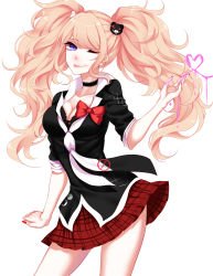 Rule 34 | 10s, 1girl, absurdres, bad id, bad pixiv id, bear hair ornament, black shirt, blonde hair, blue eyes, bow, breasts, choker, cleavage, collarbone, danganronpa: trigger happy havoc, danganronpa (series), enoshima junko, hair ornament, highres, long hair, looking at viewer, medium breasts, miniskirt, nail polish, neckerchief, one eye closed, plaid, plaid skirt, red bow, red nails, red skirt, sheya, shirt, sidelocks, simple background, skirt, sleeves rolled up, smile, solo, spoilers, tongue, tongue out, twintails, white background, white neckerchief