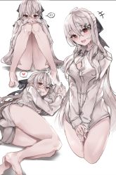 Rule 34 | ..., 1girl, absurdres, anparu, bare legs, blush, bow, collared shirt, covered mouth, covering privates, covering crotch, cropped legs, girls&#039; frontline, hair between eyes, hair ornament, hair ribbon, hairclip, hands on own knees, heart, highres, iws 2000 (girls&#039; frontline), knees up, long hair, looking at viewer, multiple views, naked shirt, open mouth, red eyes, ribbon, shirt, sidelocks, silver hair, sitting, spoken ellipsis, spoken heart, sweat, thighs, white shirt