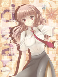 Rule 34 | 1girl, bad id, bad pixiv id, breasts, brown hair, brown pantyhose, colored eyelashes, copyright name, dear, english text, floral background, flower, kanaso529, large breasts, long hair, long skirt, looking at viewer, necktie, pantyhose, parted lips, pencil skirt, purino harwell, red eyes, shadow, shirt, short sleeves, side slit, skirt, solo, text background, text focus, wavy hair, white shirt, yuz (eu414148)