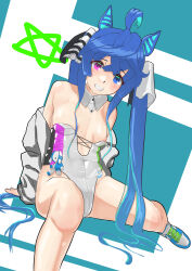 Rule 34 | 1girl, absurdres, ahoge, alternate costume, animal ears, bare shoulders, blue background, blue eyes, blue hair, blush, breasts, cleavage, colored inner hair, commentary request, detached collar, foot out of frame, gradient hair, grey jacket, grin, heterochromia, highres, horse ears, horse girl, horse tail, jacket, jacket partially removed, leotard, long hair, multicolored hair, nontraditional playboy bunny, pink eyes, shoes, small breasts, smile, sneakers, solo, star (symbol), stuffed animal, stuffed toy, tail, tatsu san, twin turbo (umamusume), twintails, two-tone background, umamusume, very long hair, white background, white leotard