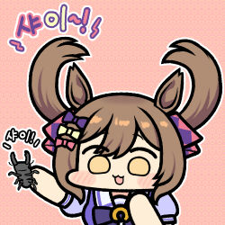 Rule 34 | 1girl, animal, animal ears, blush stickers, bow, bowtie, brown hair, chibi, commentary, holding, holding animal, horse ears, horse girl, jazz jack, korean text, lowres, medium hair, outline, pink background, prehensile hair, puffy short sleeves, puffy sleeves, purple bow, purple bowtie, purple shirt, sailor collar, shirt, short sleeves, smart falcon (umamusume), solo, stag beetle, twintails, umamusume, white sailor collar, wide face, yellow eyes