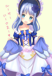 Rule 34 | 1girl, :d, bad id, bad pixiv id, blue bow, blue dress, blue eyes, blush, bonnet, bow, child, collarbone, commentary request, cross-laced clothes, curtsey, dress, flower, gold trim, hair flower, hair ornament, harriet (pso2), highres, juliet sleeves, lolita fashion, long hair, long sleeves, looking at viewer, open mouth, phantasy star, phantasy star online 2, pointy ears, puffy sleeves, sidelocks, skirt, skirt hold, smile, solo, striped, teeth, translation request, upper teeth only, vertical stripes, white skirt, wide sleeves, yuano