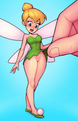 Rule 34 | 1boy, 1girl, bare shoulders, blonde hair, blue background, blue eyes, blush, breasts, cleavage, cleft of venus, clothes lift, disney, dress, dress lift, fairy, fairy wings, gasp, green dress, green footwear, highres, large breasts, legs together, loodncrood, looking down, microdress, no panties, open mouth, peter pan (disney), pussy, red lips, simple background, size difference, slippers, strapless, strapless dress, teeth, thighs, tinker bell (disney), tongue, uncensored, updo, upper teeth only, wings