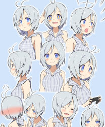 Rule 34 | + +, .live, 1girl, antenna hair, blue eyes, breasts, closed eyes, collared shirt, controller, game controller, highres, medium breasts, multiple views, open mouth, plaid, plaid shirt, purin a la mode (popup), shirt, silver hair, dennou shoujo siro, sleeveless, sleeveless shirt, smile, sweat, virtual youtuber