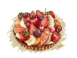 Rule 34 | cherry, food, food focus, fruit, highres, leaf, no humans, original, still life, strawberry, strawberry slice, takenakakoumutenn, tart (food)