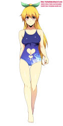Rule 34 | 1girl, bad id, bad nijie id, barefoot, blonde hair, breasts, center opening, clothing cutout, competition school swimsuit, heart, heart cutout, highres, hiromin, long hair, looking at viewer, navel, navel cutout, nijie-tan, one-piece swimsuit, original, ponytail, red eyes, school swimsuit, smile, solo, swimsuit, thigh gap