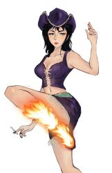 Rule 34 | 1girl, black hair, breasts, cigarette, cleavage, commentary, crop top, dress, english commentary, eyeliner, eyeshadow, fire, hat, highres, holding, holding cigarette, leg up, looking to the side, makeup, medium breasts, medium hair, melzikaart, miniskirt, nico robin, one piece, pink lips, purple dress, purple hat, purple nails, red eyeshadow, shirt, skirt, sleeveless, sleeveless shirt, solo, white background