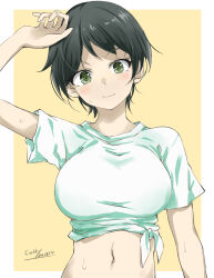 Rule 34 | 1girl, alternate costume, black hair, blush, breasts, gakky, grey eyes, highres, kantai collection, large breasts, looking at viewer, mogami (kancolle), navel, shirt, short hair, short sleeves, smile, solo, sweat, tied shirt, upper body, white background, yellow background
