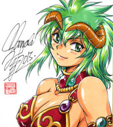 Rule 34 | 1girl, armlet, armor, artist request, bikini armor, breasts, green eyes, green hair, horns, kahm, large breasts, lowres, matching hair/eyes, outlanders, signature, simple background, smile, solo, white background
