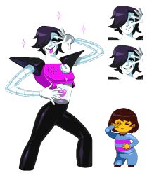 Rule 34 | 1boy, androgynous, android, black hair, brown hair, closed eyes, colored skin, dial, expressions, frisk (undertale), hair over one eye, heart, height difference, mettaton, mettaton ex, pixel art, sanpaku, see-through, shirt, shorts, smile, sparkle, spoilers, striped clothes, striped shirt, tachi-e, tongue, tongue out, transparent background, undertale, vanillycake, yellow skin
