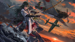Rule 34 | 1girl, aircraft, airplane, boots, bow (weapon), cloud, dark green hair, elbow gloves, gloves, green eyes, grey sky, hair ornament, hair ribbon, headband, highres, japanese clothes, japanese flag, kantai collection, long hair, looking at viewer, muneate, neko (yanshoujie), ocean, official alternate costume, partially fingerless gloves, ribbon, sky, sunset, thigh boots, thighhighs, torpedo, twintails, weapon, white headband, zuikaku (kancolle), zuikaku kai ni (kancolle)