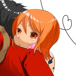 Rule 34 | 1boy, 1girl, black hair, breasts, feather boa, hat, hat on back, monkey d. luffy, nami (one piece), one piece, one piece: strong world, orange hair, red shirt, rinkufuri, shirt, short hair, stampede string, straw hat, tattoo