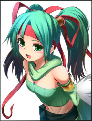 Rule 34 | 1girl, bad id, bad pixiv id, bare shoulders, breasts, detached sleeves, duel monster, green eyes, green hair, hairband, headband, juunisan (nsitnmsng2bn), long hair, looking at viewer, midriff, navel, open mouth, reeze whirlwind of gusto, ribbed sweater, scarf, small breasts, smile, solo, sweater, twintails, yu-gi-oh!