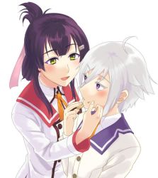 Rule 34 | 10s, 2girls, :d, ahoge, artist request, blush, couple, eating, eye contact, eyes visible through hair, female focus, food, green eyes, happy, itomi sayaka, long sleeves, looking at another, multiple girls, open mouth, parted lips, purple eyes, purple hair, school uniform, short hair, silver hair, simple background, smile, toji no miko, upper body, white background, yanase mai, yuri