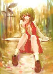 Rule 34 | 1girl, ascot, breasts, cleavage, female focus, green hair, hand on own face, kazami yuuka, loafers, medium breasts, nokishita, plaid, plaid skirt, plaid vest, red eyes, shoes, short hair, sitting, skirt, skirt set, solo, touhou, vest