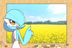 Rule 34 | 1girl, alternate color, blue hair, blue skin, blue sky, bob cut, brick wall, cloud, colored skin, creatures (company), female focus, field, flower, flower field, from behind, game freak, gardevoir, gen 3 pokemon, hair over one eye, hand up, happy, highres, index finger raised, indoors, looking at viewer, looking back, multicolored skin, nintendo, one eye covered, open mouth, orange eyes, photo (object), pokemon, pokemon (creature), shiny pokemon, short hair, sky, smile, solo, standing, tree, two-tone skin, upper body, white skin, yuri (fl0werspace)