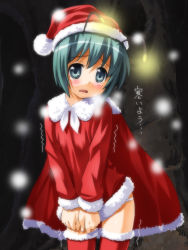 Rule 34 | 1girl, antennae, bad id, bad pixiv id, blush, bottomless, cape, christmas, cold, covering privates, covering crotch, female focus, green eyes, green hair, hat, matching hair/eyes, no pants, open mouth, outdoors, panties, santa costume, santa hat, short hair, snow, solo, tears, thighhighs, touhou, trembling, umekichi, underwear, white panties, wriggle nightbug