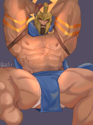 Rule 34 | 1boy, abs, absurdres, armpits, arms behind head, bara, bulge, cape, chest hair, dark-skinned male, dark skin, fake horns, feet, feet out of frame, helmet, highres, horned helmet, horns, jockstrap, large pectorals, league of legends, looking at viewer, male focus, male underwear, male underwear peek, mature male, muscular, muscular male, navel, navel hair, nipples, pantheon (league of legends), pectorals, pelvic curtain, quietscrappy, scar, scar on chest, soles, solo, spread legs, stomach, thick thighs, thighs, topless male, underwear, white male underwear