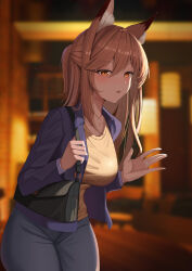 Rule 34 | 1girl, absurdres, alternate costume, animal ear fluff, animal ears, arknights, bag, blurry, blurry background, blush, breasts, brown eyes, brown hair, casual, cowboy shot, day, depth of field, fox ears, franka (arknights), grey pants, half updo, handbag, highres, jacket, jewelry, lahz52, large breasts, leaning forward, long hair, long sleeves, looking at viewer, open clothes, open jacket, open mouth, pants, purple jacket, ring, shirt, shoulder bag, solo, sunlight, waving, yellow shirt