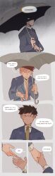 Rule 34 | 2boys, absurdres, blonde hair, brown hair, closed mouth, collared shirt, comic, commentary, english text, flashback, formal, grey background, highres, holding, holding hands, holding umbrella, long sleeves, looking at another, male focus, mob psycho 100, mp100days, multiple boys, necktie, rain, reigen arataka, serizawa katsuya, shirt, short hair, simple background, speech bubble, suit, suzuki touichirou, umbrella