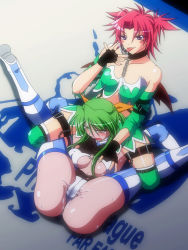 Rule 34 | 2girls, bare shoulders, blush, boots, grabbing another&#039;s breast, breasts, choker, cum, detached sleeves, ejaculation, female ejaculation, fingerless gloves, gloves, grabbing, green hair, hair ribbon, leotard, licking, long hair, multiple girls, noppo-san, open mouth, pink hair, pussy juice, ribbon, sakurai chisato, short hair, submission hold, succubus manabe, tears, thighhighs, tongue, twintails, very long hair, wings, wrestle angels, wrestle angels survivor, wrestle angels survivor 2, wrestling, wrestling outfit, yellow eyes