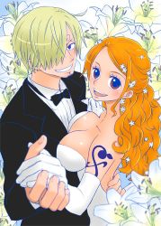 Rule 34 | 1boy, 1girl, bare shoulders, black suit, blonde hair, blush, breasts, bridal veil, bride, carrying, cleavage, couple, dress, elbow gloves, eye contact, flower, formal, gloves, groom, hair over one eye, hetero, large breasts, looking at another, nami (one piece), one piece, princess carry, sanji (one piece), short hair, strapless, strapless dress, suit, veil, wedding dress, white dress, white gloves
