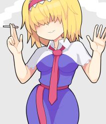 Rule 34 | 1girl, alice margatroid, between breasts, blonde hair, blue dress, breasts, capelet, cigarette, collared capelet, commentary request, cookie (touhou), cowboy shot, dress, frilled hairband, frills, grey background, hair between eyes, hair over eyes, hairband, holding, holding cigarette, hospital king, jigen (cookie), long bangs, medium breasts, medium hair, necktie, necktie between breasts, red hairband, red necktie, red sash, sash, simple background, smoke, touhou, white capelet
