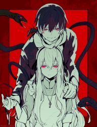 Rule 34 | 1boy, 1girl, apron, closed mouth, commentary, dark konoha, detached sleeves, dress, expressionless, greyscale, greyscale with colored background, hair ribbon, hairband, holding hands, jewelry, kagerou project, key, key necklace, konoha (kagerou project), kozakura marry, long hair, long sleeves, looking at viewer, monochrome, nail polish, nanora (sero4), necklace, pink eyes, red background, ribbon, scarf, short ponytail, smile, snake, spot color, sweater, very long hair