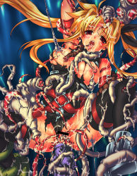 Rule 34 | belt, blonde hair, boots, breasts, censored, cum, ear insertion, fate testarossa, highres, open mouth, oral, red eyes, rokko, tentacles, tongue, torn clothes, vaginal