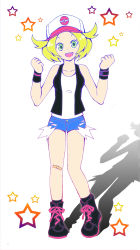 Rule 34 | 1girl, absurdres, bandaid, baseball cap, bianca (pokemon), blonde hair, boots, breasts, cosplay, costume switch, creatures (company), female focus, flat color, full body, game freak, gradient background, green eyes, hat, highres, hilda (pokemon) (cosplay), nintendo, open mouth, pokemon, pokemon bw, short hair, shorts, smile, solo, star (symbol), vest, white background