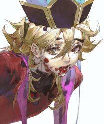 Rule 34 | 1boy, black hat, blonde hair, blood, blood on face, caradocc, douma (kimetsu no yaiba), eyelashes, fang, flipped hair, hair between eyes, hat, highres, kimetsu no yaiba, leaning forward, long hair, long sleeves, male focus, multicolored eyes, open mouth, rainbow eyes, red shirt, ribbon, ribbon trim, shirt, simple background, solo, stole, text in eyes, tight clothes, tight shirt, turtleneck, upper body, white background