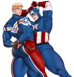 Rule 34 | 2boys, ass, back, bara, blonde hair, blue bodysuit, blush, bodysuit, bound, bound wrists, brown gloves, captain america, captain america (series), clenched teeth, dual persona, fingerless gloves, gloves, highres, large pectorals, looking at viewer, male focus, marvel, multicolored bodysuit, multicolored clothes, multiple boys, muscular, muscular male, mxsxe, pectorals, red bodysuit, red gloves, restrained, short hair, simple background, steve rogers, teeth, thick thighs, thighs, white background, white bodysuit