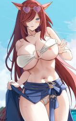 Rule 34 | 1girl, animal ears, aqua eyes, areola slip, bare arms, bare shoulders, breasts, cleavage, collarbone, cowboy shot, eyewear on head, facial mark, final fantasy, final fantasy xiv, hair over one eye, heart, heart-shaped eyewear, highres, jewelry, keenh, large breasts, long hair, looking at viewer, miqo&#039;te, navel, necklace, one eye covered, outdoors, red hair, smile, solo, stomach, sunglasses, thighs, underboob, water