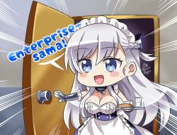 Rule 34 | 1girl, :d, apron, artist name, azur lane, belfast (azur lane), blue eyes, blush, braid, breasts, broken, broken chain, chain, chibi, cinderella girls gekijou, cleavage, collar, cup, english text, food, french braid, frilled apron, frilled gloves, frills, gloves, hair between eyes, holding, holding tray, idolmaster cinderella girls, large breasts, long hair, maid, maid apron, maid headdress, maroonabyss, open door, open mouth, opening door, silver hair, smile, tray, white apron, white gloves
