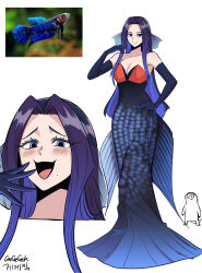 Rule 34 | 1girl, absurdres, artist self-insert, bare shoulders, blue eyes, blue hair, breasts, cleavage, collarbone, creature and personification, dress, elbow gloves, fins, fish, fish girl, gegegekman, gloves, gradient hair, head fins, highres, large breasts, laughing, long hair, looking at viewer, mole, mole under mouth, multicolored hair, multiple views, ojou-sama pose, original, parted bangs, purple hair, signature, smug, strapless, strapless dress, white background