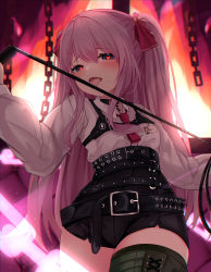 Rule 34 | 1girl, absurdres, belt, breasts, card, chain, feet out of frame, fire, fire, goddess of victory: nikke, hair ornament, hands out of frame, heart, heart-shaped pupils, highres, long hair, looking at viewer, masochism, mole, mole under mouth, necktie, nekodama2000, pov, shorts, side ponytail, small breasts, symbol-shaped pupils, thighs, tongue, tongue out, whip, yuni (nikke)