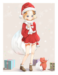Rule 34 | 1girl, abigail williams (fate), absurdres, alternate costume, black bow, blonde hair, blush, boots, bow, box, brown footwear, closed mouth, commentary request, crossed bandaids, dress, fate/grand order, fate (series), fur-trimmed boots, fur-trimmed headwear, fur trim, gift, gift box, hair bow, hat, hat bow, highres, holding, holding sack, long hair, long sleeves, looking at viewer, orange bow, parted bangs, pink bow, pleated dress, polka dot, polka dot bow, puffy long sleeves, puffy sleeves, red dress, red hat, sack, sakazakinchan, santa hat, short dress, sleeves past wrists, snowflakes, solo, standing, stuffed animal, stuffed toy, teddy bear, white bow