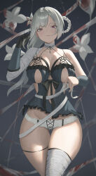Rule 34 | 1girl, absurdres, bandaged arm, bandaged leg, bandaged neck, bandages, black c (net dust), black gloves, black ribbon, blood on flower, blurry, blurry background, blush, breasts, cleavage, closed mouth, facing viewer, flower, gloves, gluteal fold, grey hair, hair down, highres, kaine (nier), large breasts, light particles, lingerie, long hair, looking at viewer, nier, nier (series), panties, pink eyes, revealing clothes, ribbon, sidelighting, standing, thigh gap, thighs, underwear, white flower, white panties