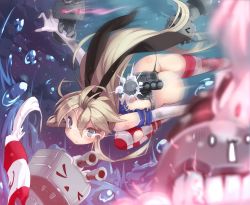Rule 34 | 10s, 1girl, ass, bad id, bad pixiv id, black panties, blonde hair, blue eyes, cannon, chikuwa daimyojin, elbow gloves, gloves, glowing, glowing eyes, hairband, innertube, kantai collection, long hair, looking at viewer, panties, rensouhou-chan, shimakaze (kancolle), striped clothes, striped thighhighs, swim ring, thighhighs, underwear, white gloves