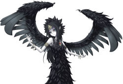 Rule 34 | 1girl, armband, armpits, black hair, black wings, bracelet, breasts, cleavage, colored skin, cowboy shot, dress, duel monster, fabled grimro, feathers, green eyes, hair between eyes, jewelry, looking at viewer, necklace, pointy ears, shintani tsushiya, simple background, solo, standing, strapless, tiara, white background, white skin, wings, yu-gi-oh!, yu-gi-oh! duel monsters