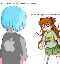 Rule 34 | 2girls, aiu404l, apple inc., ayanami rei, blue hair, clenched hand, collared shirt, english text, from behind, green shirt, green skirt, grey shirt, headgear, highres, interface headset, long hair, looking at another, microsoft, microsoft windows, miniskirt, multiple girls, neon genesis evangelion, open mouth, orange hair, pleated skirt, shirt, short hair, short sleeves, skirt, souryuu asuka langley, thighhighs, white thighhighs