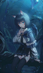Rule 34 | 1girl, absurdres, animal ear fluff, animal ears, bad id, bad pixiv id, bell, black bow, black choker, black hair, black skirt, blue capelet, blue eyes, bow, branch, breasts, capelet, cat ears, cat girl, cat tail, choker, collared shirt, domi (hongsung0819), facial mark, finger to mouth, hair between eyes, highres, huge filesize, jingle bell, long sleeves, looking at viewer, neck bell, original, pleated skirt, puffy long sleeves, puffy sleeves, shirt, short hair, shushing, simple background, sitting, skirt, solo, tail, thighhighs, whisker markings, white shirt